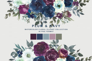 Plum Navy Floral Clipart: Elegant Watercolor Assets
